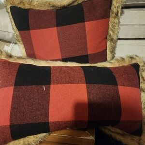 Newport Red and Black Plaid Pillows with Faux Fur Trim